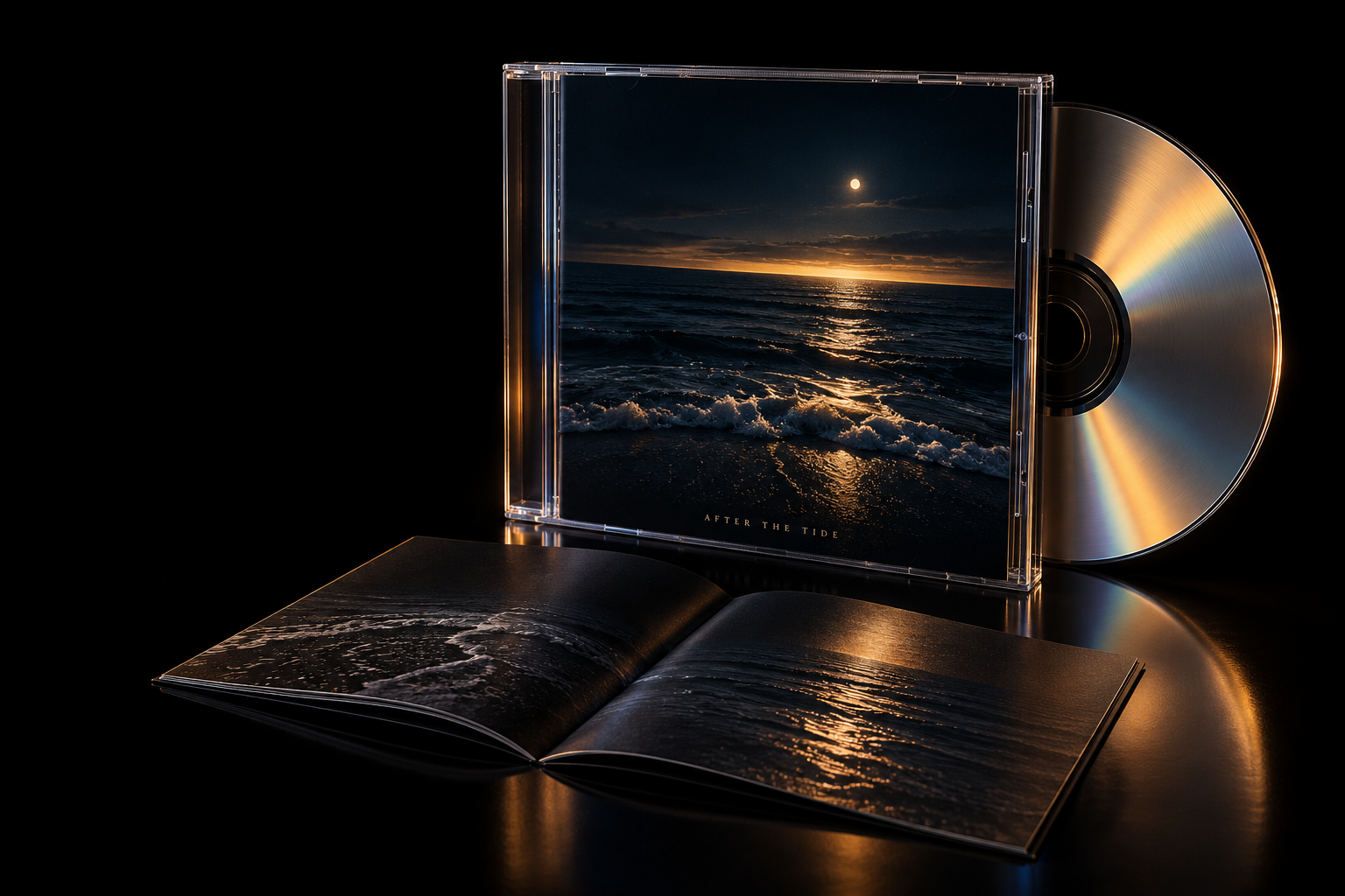 An imagined album edition: a clear jewel case, reflective disc and open booklet, all carrying a moonlit ocean artwork.